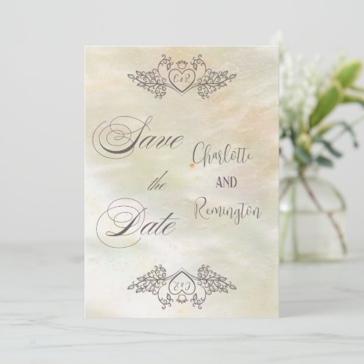 Elegante Moeder-van-Parel Perzik Save the Date Kaart (Staand voorkant)