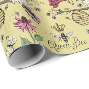 Elegante Moederdag Koningin Bij Geel Bloemmotief Cadeaupapier