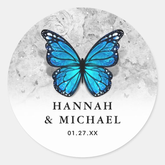 Elegante Monarch Sjabloon Blue Butterfly Wedding Ronde Sticker (Voorkant)