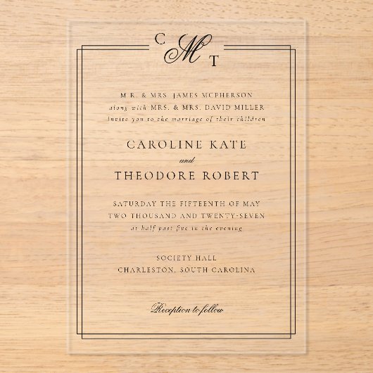 Elegante Monogram Acryl Huwelijksuitnodiging Acryl Uitnodigingen (Voorkant)