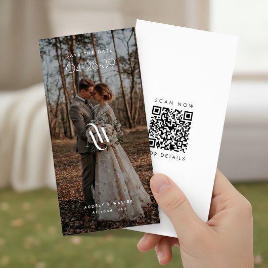 Elegante Monogram Bladwijzer QR-code Rustieke Foto Save The Date