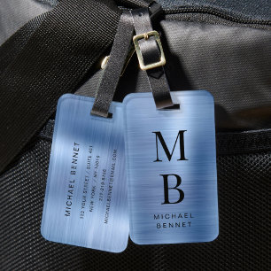 Elegante Monogram Blau Geborsteld Metaal Bagagelabel