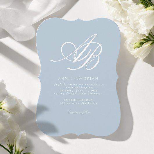 Elegante Monogram Blau Witte Trouwdag Kaart