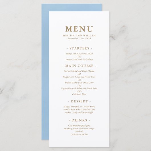 Elegante Monogram Blauw Zee Glazen Huwelijk Menu (Voorkant / Achterkant)