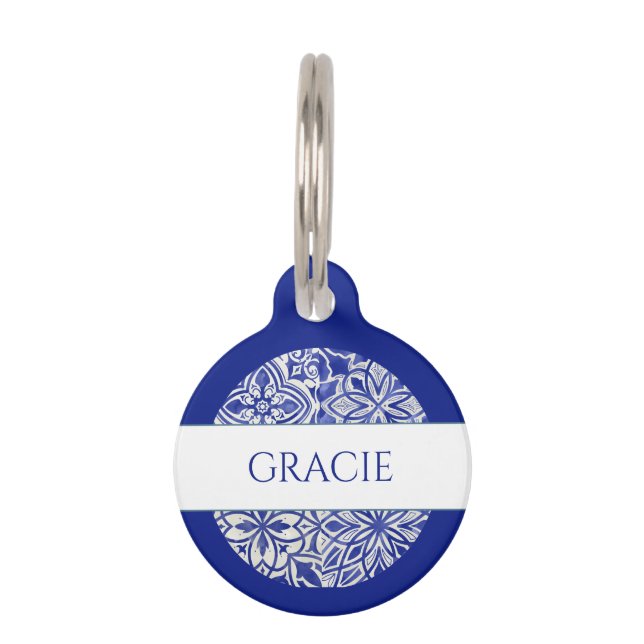 Elegante Monogram Blauwe Witte Tegel Huisdierpenning (Voorkant)