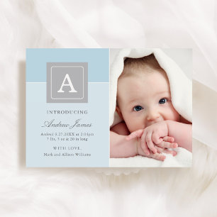 Elegante Monogram Blok Baby Jongen Lichtblauwe Geb Aankondiging