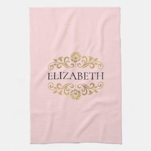 Elegante Monogram Blush Roze Gouden Keuken Handdoe Theedoek
