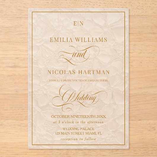 Elegante Monogram Crème Bloemenbruiloft Acryl Uitnodigingen (Voorkant)