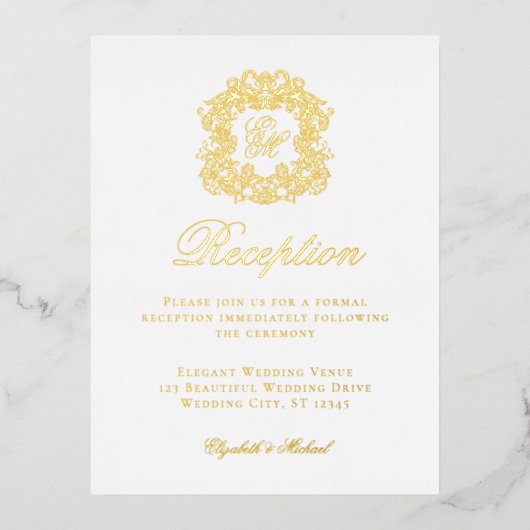 Elegante Monogram Crest bruiloft receptie Folie Ka Folie Feestdagen Briefkaart (Voorkant)