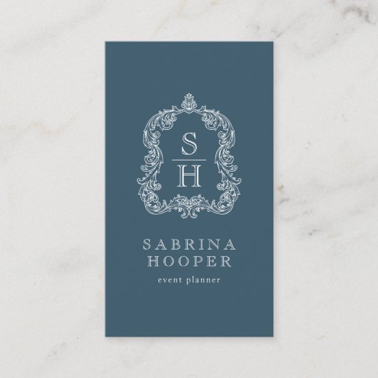 Elegante Monogram Crest Event Planner Indigo Visitekaartje (Voorkant)