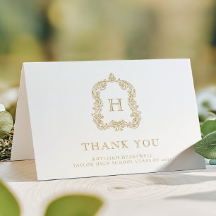 Elegante Monogram Crest Witgouden Afstuderen Bedankkaart