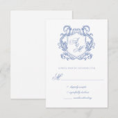 Elegante Monogram Dusty Blue Crest Wedding RSVP Kaartje (Voorkant / Achterkant)