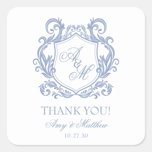 Elegante Monogram Dusty Blue Crest Wedding Vierkante Sticker (Voorkant)