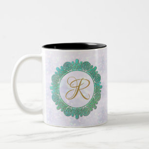 Elegante Monogram Eerste Letters met Mandala Tweekleurige Koffiemok