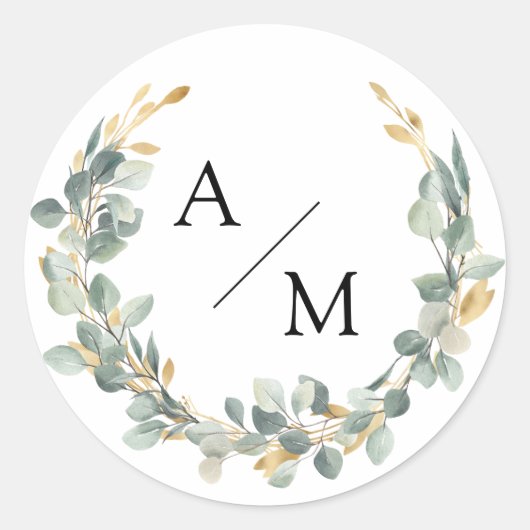 Elegante, monogram, eucalyptuskrans  ronde sticker (Voorkant)