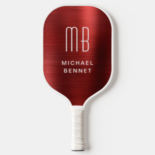 Elegante Monogram Faux Rood Geborsteld Metaal Pickleball Paddle