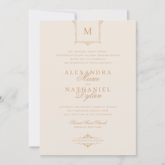 Elegante  Monogram Goud en Witte Bruiloft Kaart (Voorkant)