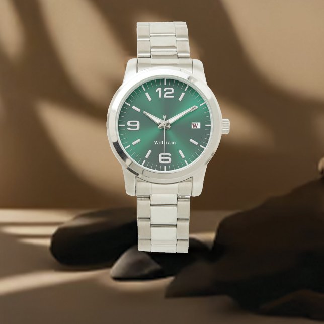 Elegante monogram groen geborsteld metaal horloge (Creator heeft geüpload)
