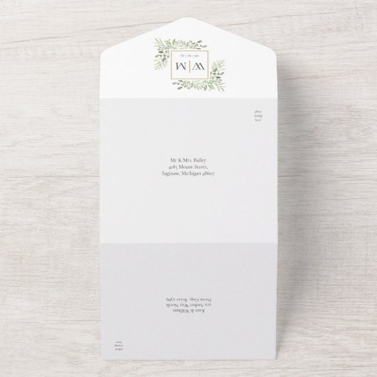 Elegante Monogram Groene Bladeren Trouw  All In One Uitnodiging (Buitenkant)