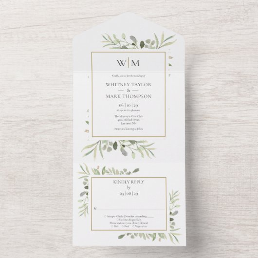 Elegante Monogram Groene Bladeren Trouw  All In One Uitnodiging (Binnen)