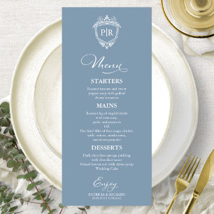 Elegante Monogram Huwelijksmenu Kaarten Stofblauw