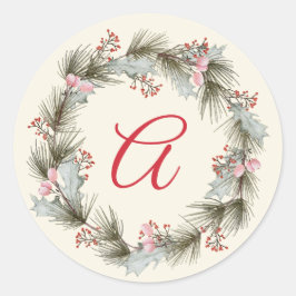 Elegante Monogram Kerstkrans Familie Foto Ronde Sticker