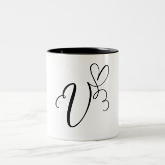 ELEGANTE MONOGRAM KLEUR ZWARTE LETTER "V" TWEEKLEURIGE KOFFIEMOK