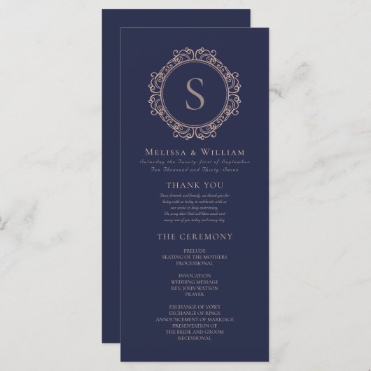 Elegante Monogram Moderne Klassieke Navy Blush Bru Programma (Voorkant / Achterkant)