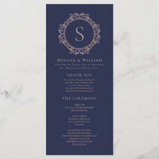 Elegante Monogram Moderne Klassieke Navy Blush Bru Programma (Voorkant)