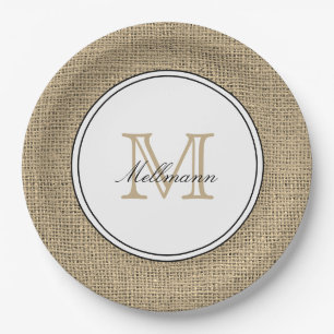 Elegante Monogram Naam Land Chique Stijl Burlap Papieren Bordje