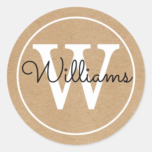 Elegante Monogram Naam Rustiek Kraft Ronde Sticker (Voorkant)
