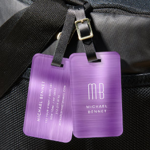 Elegante Monogram Purple Geborsteld Metaal Bagagelabel