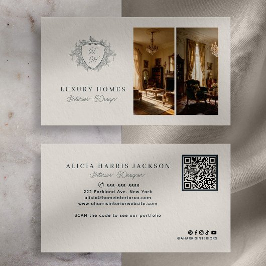 Elegante monogram QR-code interieurontwerper Visitekaartje