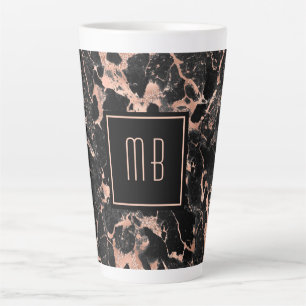 Elegante Monogram Rose Goud Zwarte Marmer Latte Mok