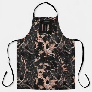 Elegante Monogram Rose Goud Zwarte Marmer Schort