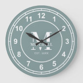 Elegante Monogram Sage Green Custom Family Naam Grote Klok (Voorkant)