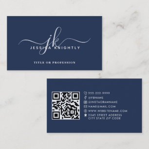 Elegante Monogram Script QR Code Social Media Blau Visitekaartje