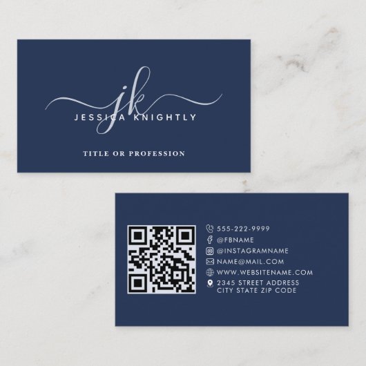 Elegante Monogram Script QR Code Social Media Blau Visitekaartje (Voorkant / Achterkant)