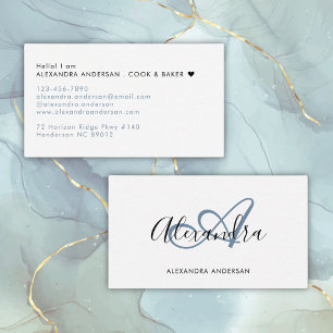 Elegante Monogram Stof Blauw Zwart Script Naam Visitekaartje