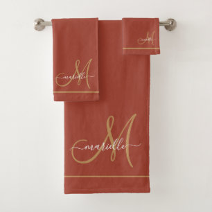 Elegante Monogram Terracotta Gouden Script Naam Bad Handdoek