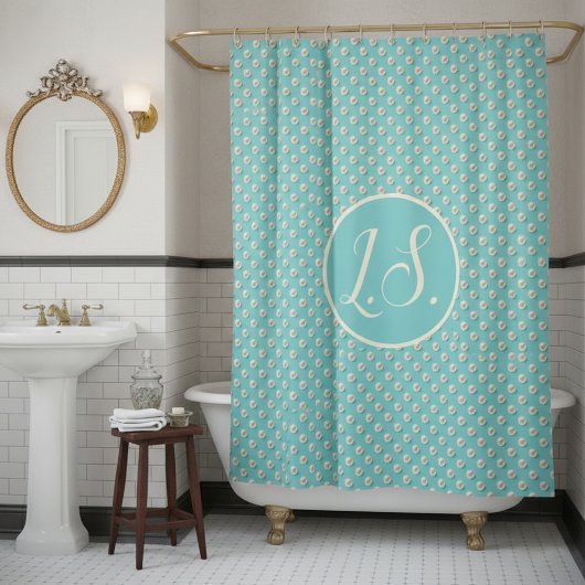 Elegante Monogram Turquoise Badgordijn met Parels Douchegordijn