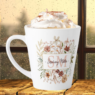 Elegante Monogram Waterverf Herfst Wilde Bloem Blo Latte Mok