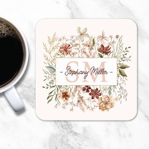 Elegante Monogram Waterverf Herfst Wilde Bloem Blo Vierkante Kartonnen Onderzetter
