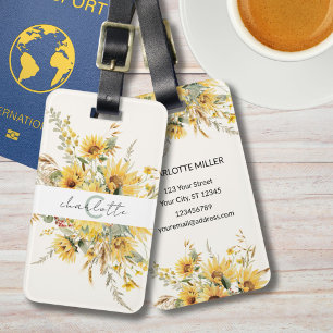 Elegante Monogram Waterverf Zonnebloem Boeket Bagagelabel
