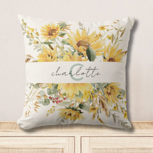 Elegante Monogram Waterverf Zonnebloem Boeket Kussen