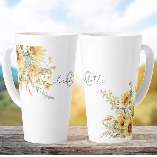 Elegante Monogram Waterverf Zonnebloem Boeket Latte Mok