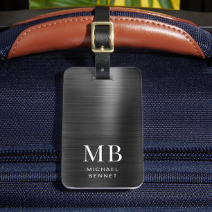 Elegante Monogram Zwarte Geborstelde Metalen  Bagagelabel