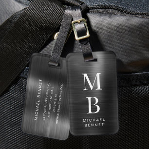 Elegante Monogram Zwarte Geborstelde Metalen Bagagelabel