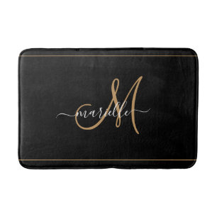 Elegante Monogram Zwarte Gouden Script Naam Badmat