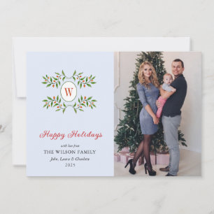 Elegante Monogramed krans met Citrus Blue Holiday Feestdagenkaart